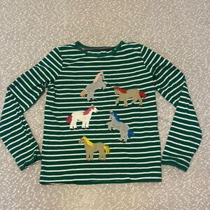 MINI BODEN Striped Green Long Sleeve Shirt with Horse Applique 11-12Y 12